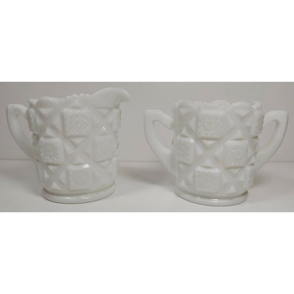 VTG Westmoreland White Milk Glass Flared Top Quilt Creamer and Sugar Bowl Set - Picture 1 of 9